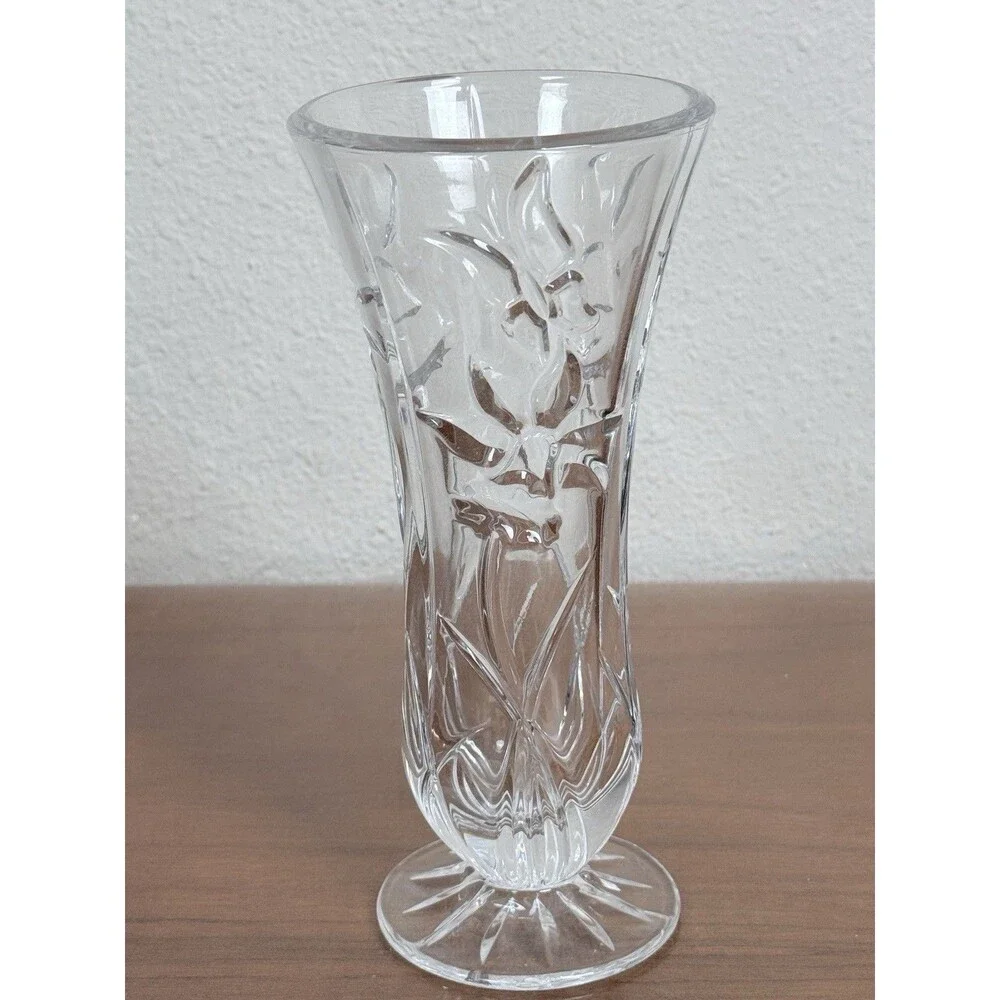 Vintage De Plomb Clear Crystal Vase Embossed Daffodil Butterfly Footed 8